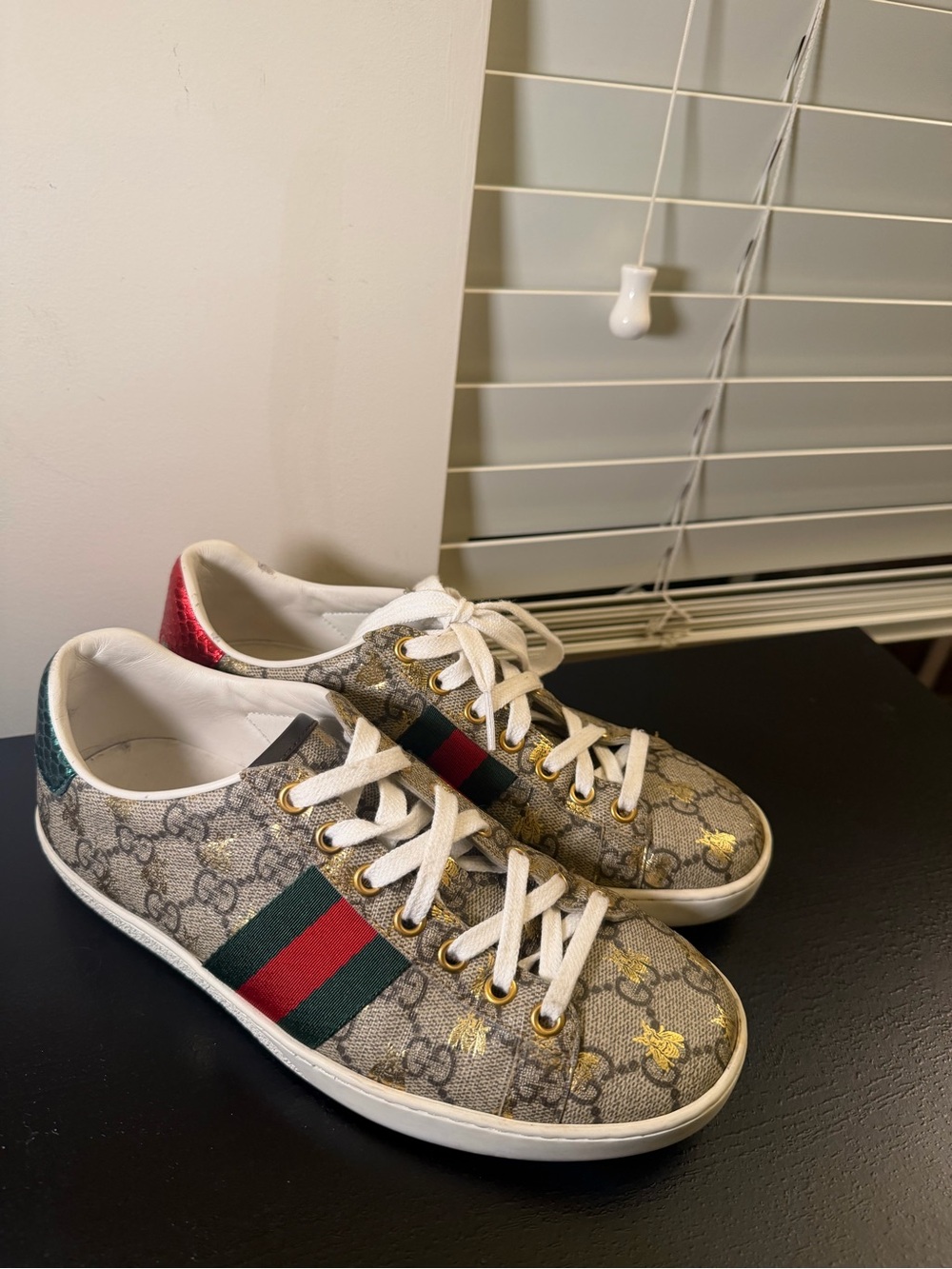 Gucci Monogram Bee Sneakers with Green/Red Web Stripe